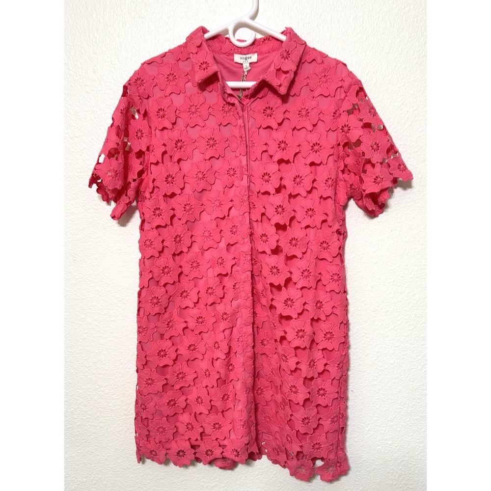 Umgee Dress Womens Large Pink Floral Lace Overlay Short Sleeve Shift Button New